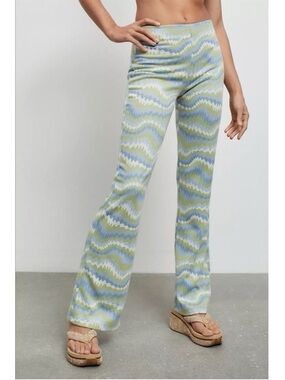 Urban Outfitters - Bryn Wavy Chevron Knit Flare Pants in Pastel Blue & Green